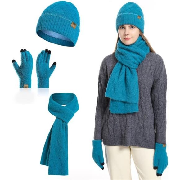 Women\'s Winter Knit Hat Beanie Scarf with Touch Screen Gloves Set, Blue